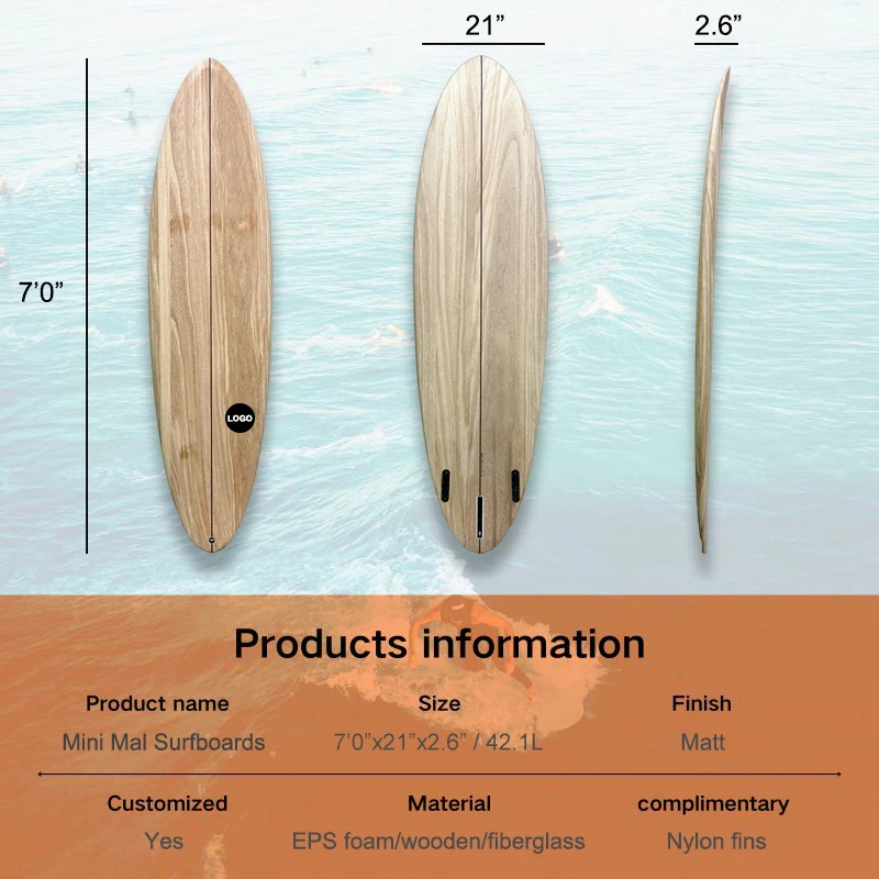 Customized Wood Veneer Mid-Length Surfboard Epoxy EPS Core Handcrafted Premium Performance Mini Mal Surfing Board