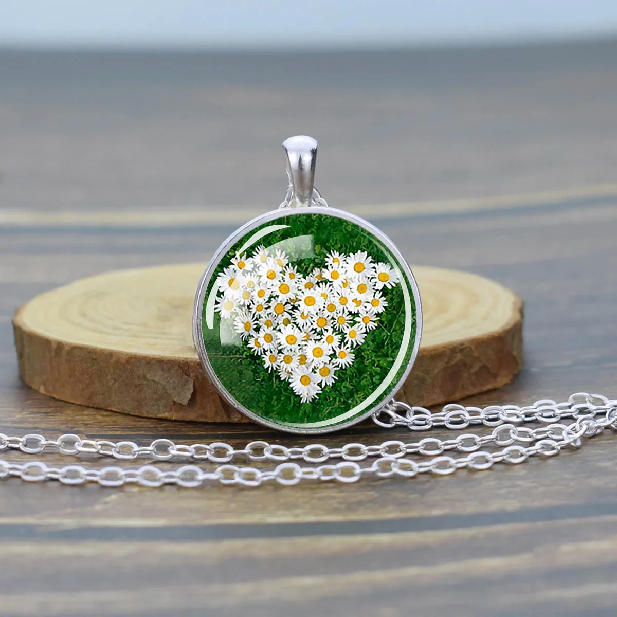 Flower Necklace Daisy Rose Lotus Poppy Cherry Blossom Sunflower Necklace Women's Glass Pendant Jewelry Lover Gift