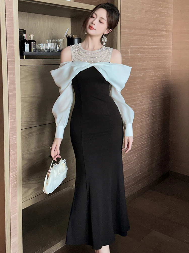 

Feminino Elegant Party Dresses Women Clothing White Black Patchwork Shiny Diamond Bow Hollow Fishtail Robe Prom Vestidos Fiesta