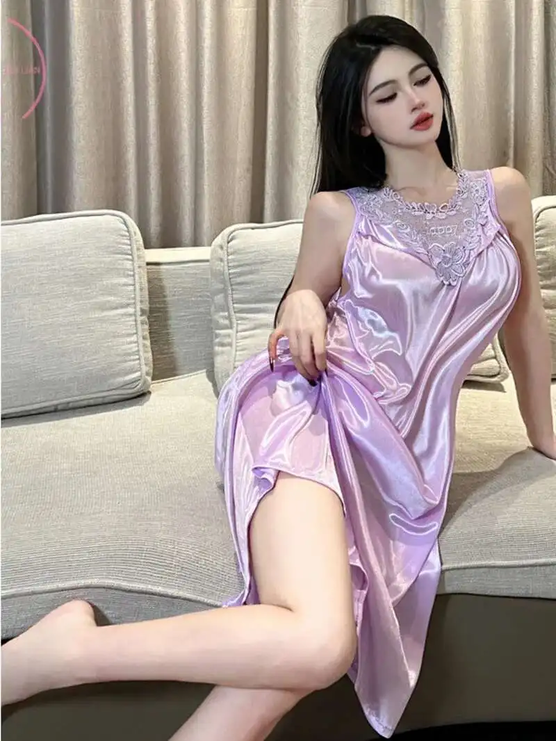 ชุดเดรสเสื้อใส่อยู่บ้านแขนกุดขนาดใหญ่สำหรับฉบับภาษาเกาหลีฤดูร้อนชุดเดรสลูกไม้ทรงหลวมสายเดี่ยว Comfort สายเดี่ยวคอวีตื้น