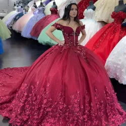 Robe de Quinceanera en cristal à épaules dénudées, appliques de désoCumbria de princesse, robes de Rhéducatives, Sweet 15, Bourgogne Saprkly