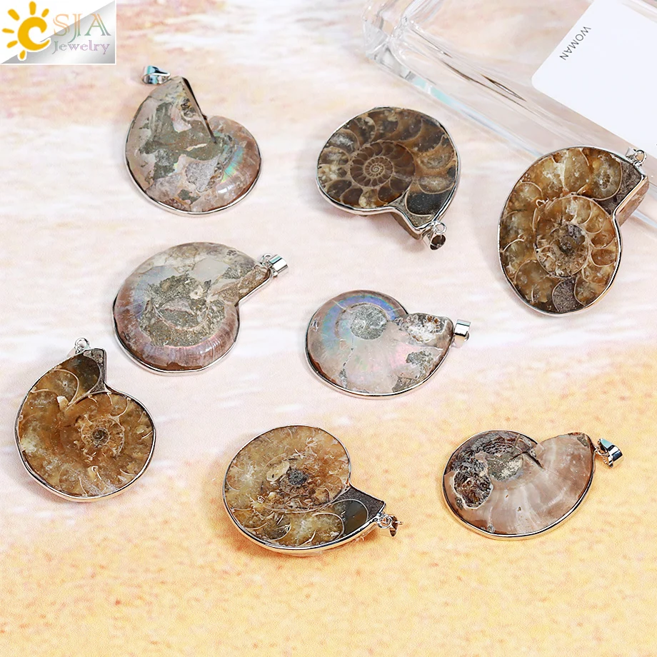 CSJA Vintage Natural Stones Pendants Ammonite Seashell Snail  Ocean  Conch Animal Necklace Statement Men Summer Jewellery E252