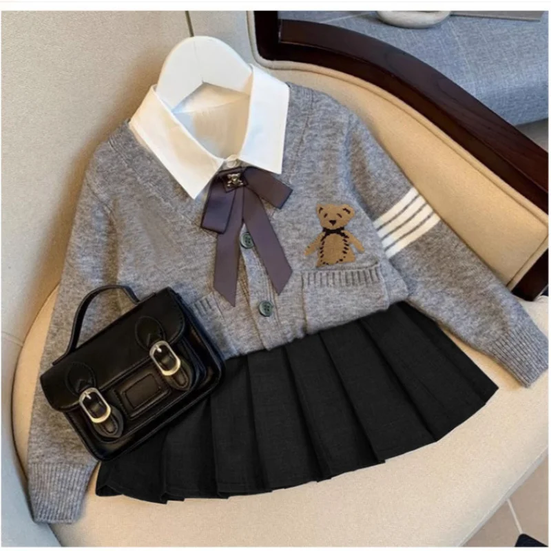 Girls' Suit2024Spring and Autumn New Children's Knit Cardigan Skirt Baby Girl Casual Two-Piece Suit