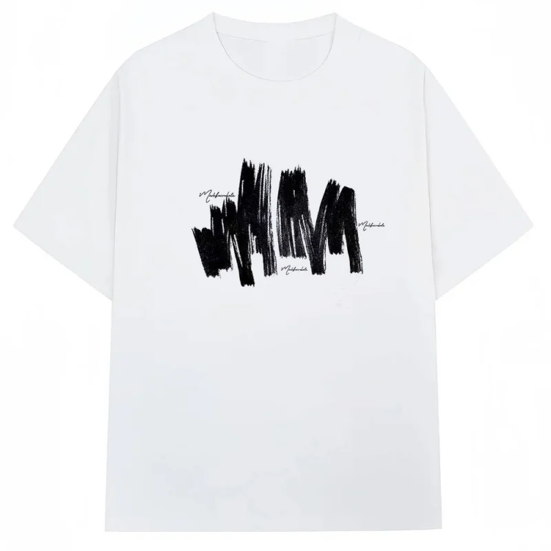 MarsMax Trendy Graffiti Style Brush Stroke Graphic T Shirt Men 100% Cotton Abstract Art Print Tees Casual Streetwear Black Short