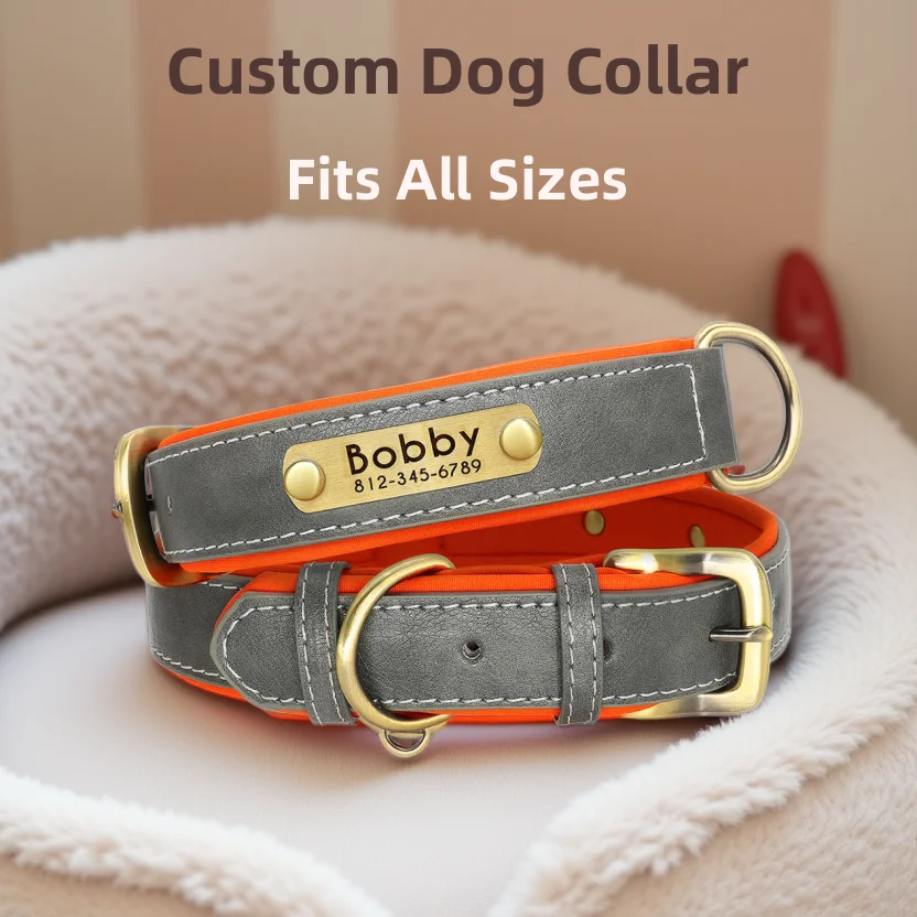 Customized PU Leather Nameplate Dog Collar Soft Padded Dogs Collars Free Engraving Name for Small Medium Large Dogs Adjustable