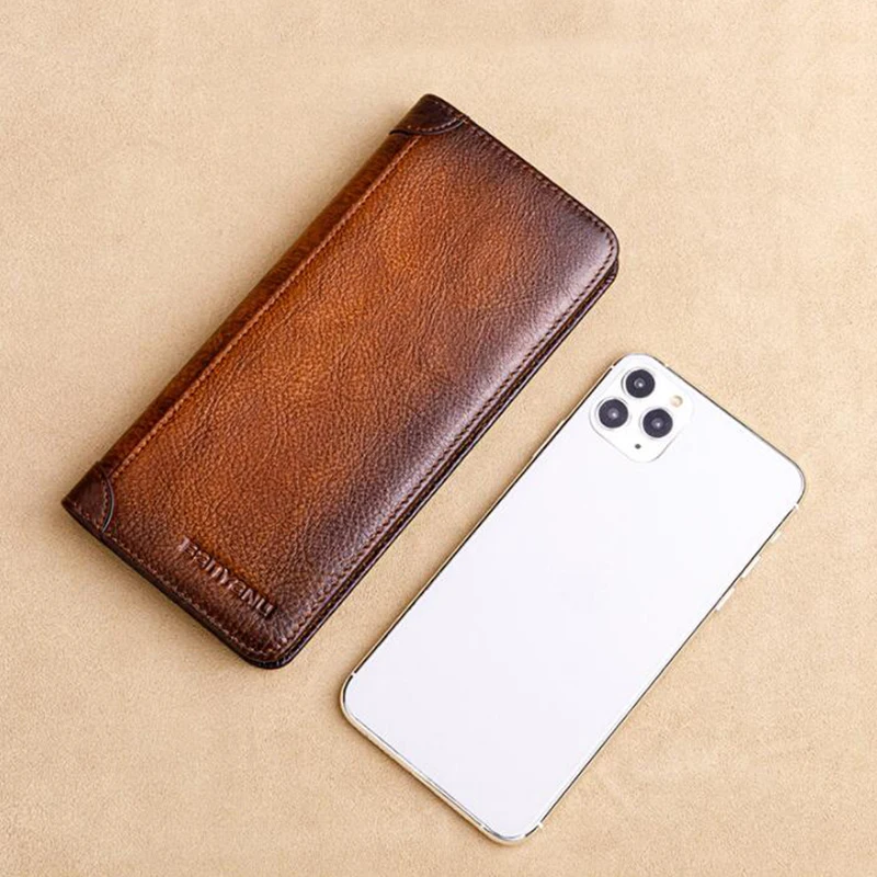 Vintage Ultra Thin Men Wallet Credit Card Holder Purse Anti RFID Cow Genuine Leather Long Wallet for Men