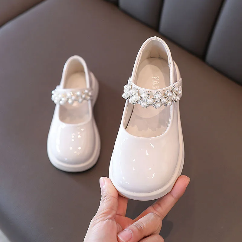 2023 Spring New Girls Leather Shoes Kids Fashion Cute Pearls Rhinestone Princess Shoes Children\'s Anti Slip Flat Shoes G590