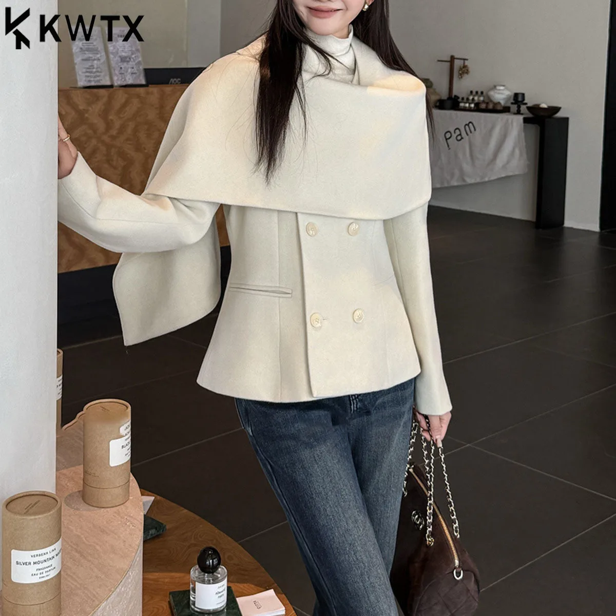 

KWTX Women Autumn Winter Cape Short Coat 100% Wool Scarf Collar Double Breasted Vintage Elegant Chic Casual Pockets