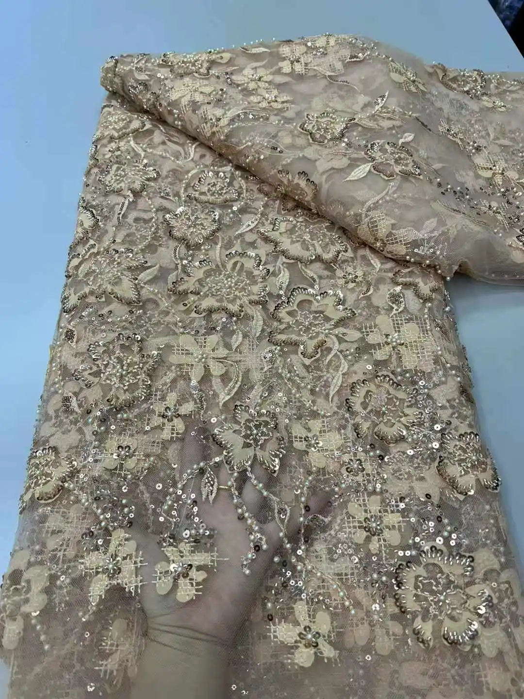 

African Groom Lace Fabric For Sewing Party Dresses 2025 High Quality French Mesh Fabric Embroidered Nigeria Sequins Lace 5 Yards