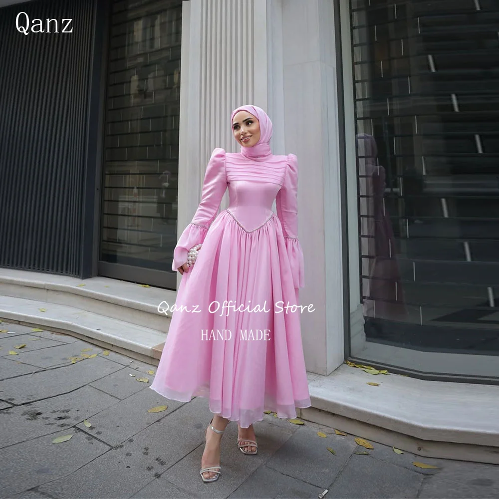 

Qanz Pink Organza Evening Dresses Muslim Long Sleeves Tea Length A Line Vestidos De Gala Women O Neck Prom Dresses Customized