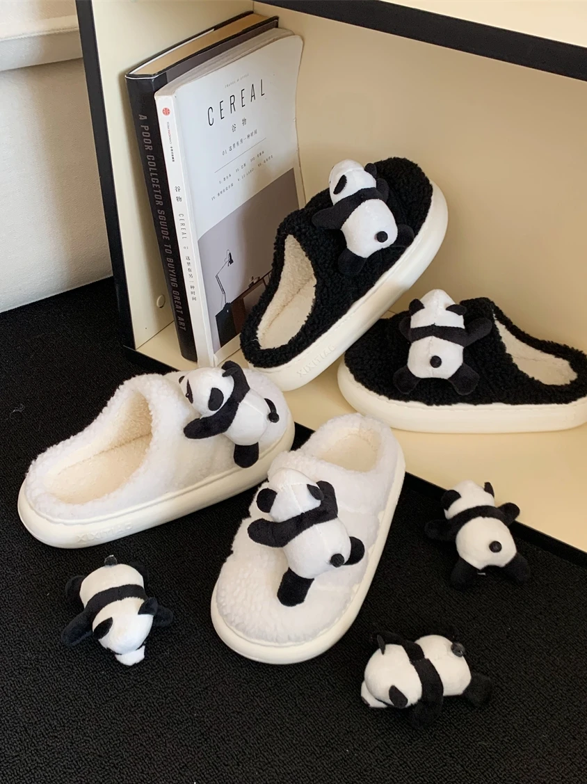 

Cute Panda Cotton Slippers For Couples Winter Indoor Household Slippers Man Women Plush Shoes Anti Slip Slippers