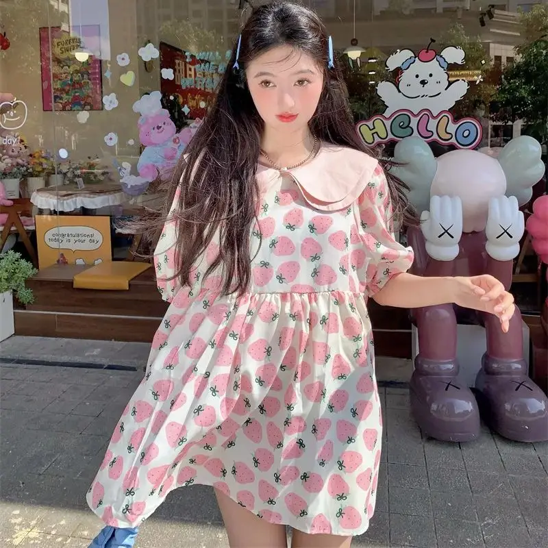 

Short Maternity Summer Dress Sweet Cute Strawberry Print Double layered Doll Neck Bubble Sleeve Loose Pregnant Woman Mini Dress