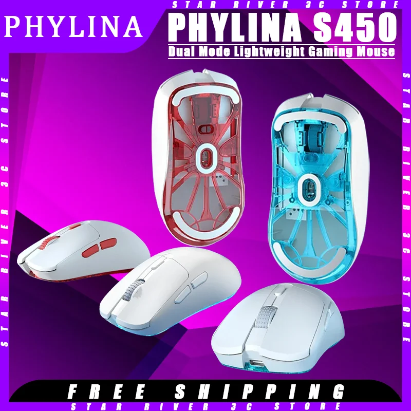 

PHYLINA S450 Wireless Mouse Dual Mode Lightweight 56g 26000dpi 2.4G USB Wired PAW3395 Sensor Ergonomics Customized Gaming Mouse