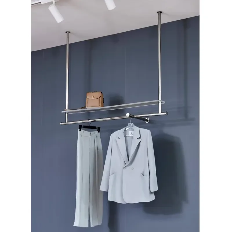 Foldable Stainless Steel Clothing Rack Wall Mounted Display Stand Silver Polished Rod for Retail Store Garment Hanger