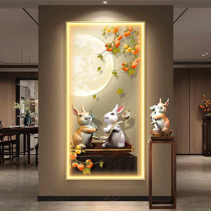 Persimmon Entrance Decoration Painting Corridor Hanging Painting With Light New Chinese Style Rabbit Entrance Vertical Mural Led