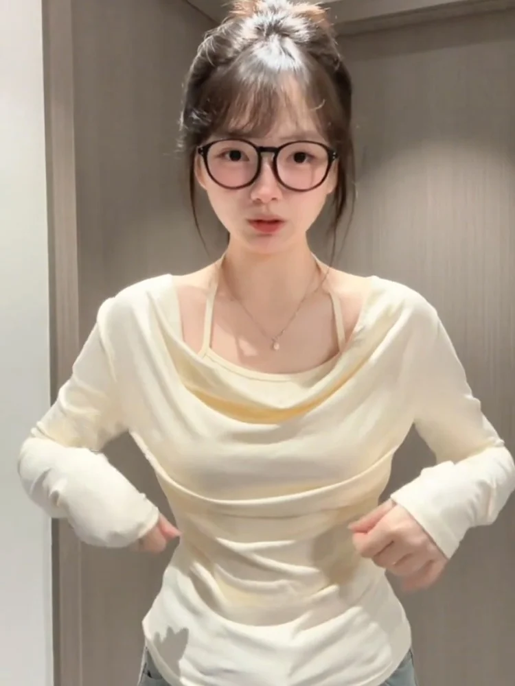 Ne pendurado longo sve camiseta feminina puro desejo witorm colarinho primavera outono emagrecimento interior wear sexy temperamento topo