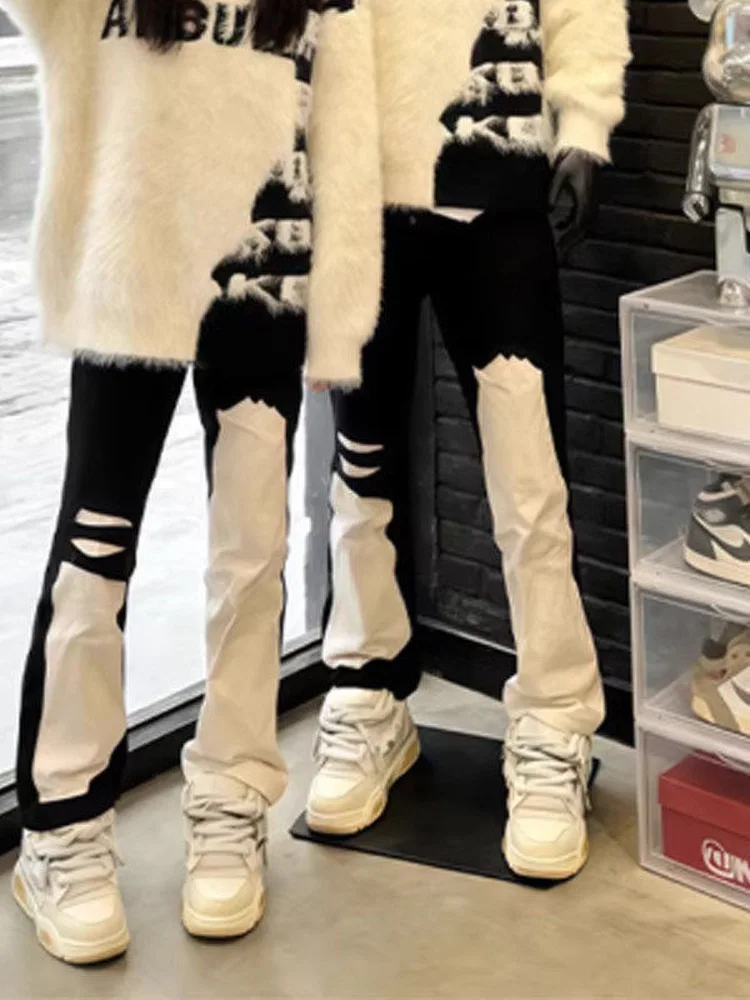 American Street Style Denim Jeans Men Women Micro Flared Hole Design Drapey Slim Straight Long Pants Youth Fashion