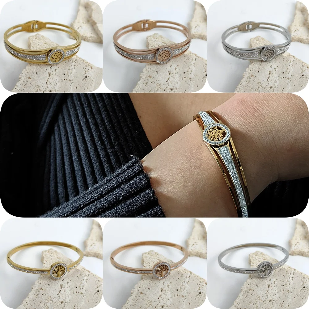 

Diamond-inlaid Life Tree Stainless Steel Gold-plated 18K Bracelet, High-quality Mercury Jewelry, Couple Gift