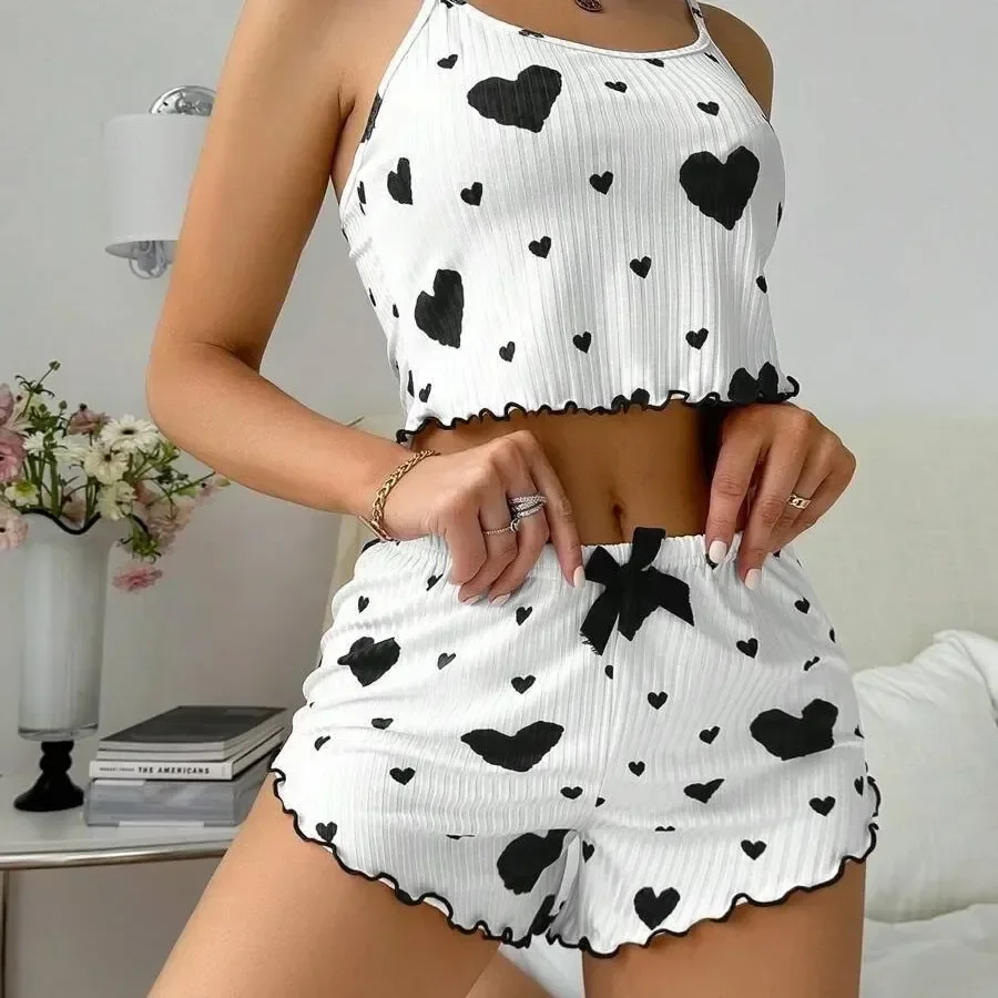 

Women's Pajama Set Pajamas T-Shirts Shorts Pink Heart-Shaped Print Round Neck T-Shirt Ice Silk Top Comfortable Casual Summer