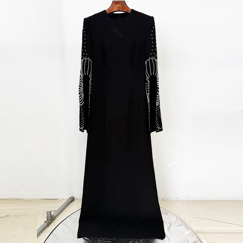 Spot Goods 2025 New Elegant Heavy Beaded Slit Sleeve Long Dress Celebrity Evening Gown