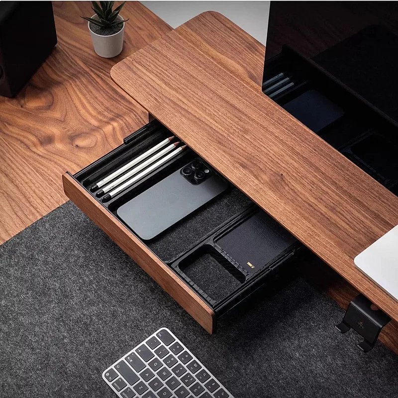 Under Desk Drawer Solid Walnut Soft Close Sliding Storage Tray Organizer for Office