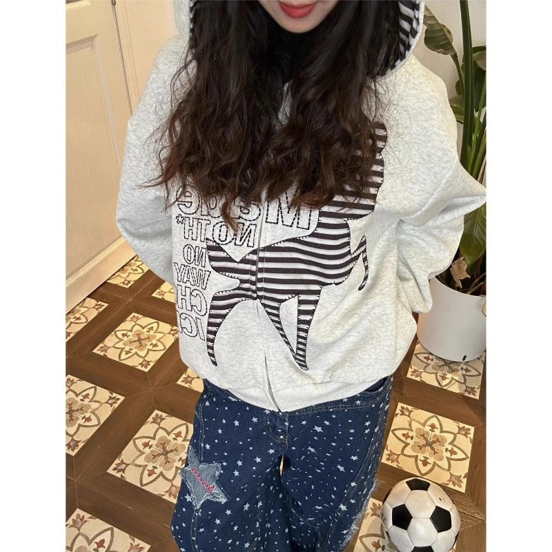 Deeptown American Retro Cartoon Hoodies Women Black Harajuku Y2k Zip Up Coats Kawaii Oversized Casual Embroidery Sweatshirts