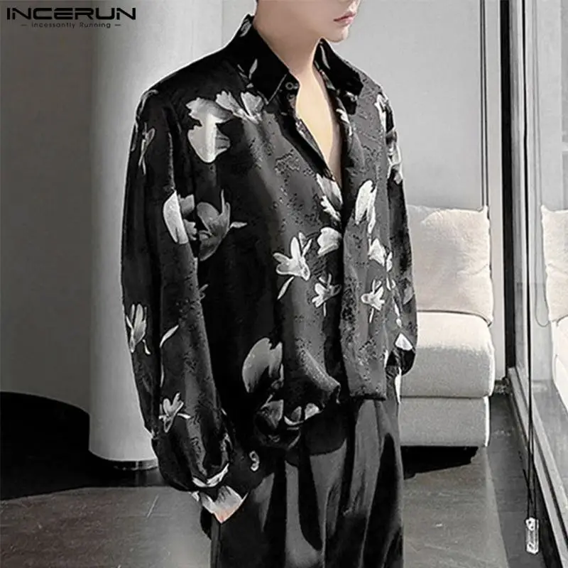 INCERUN Men Shirt Printing Chiffon Lapel Long Sleeve Loose Casual Men Clothing Streetwear 2024 Fashion Leisure Male Shirts S-5XL