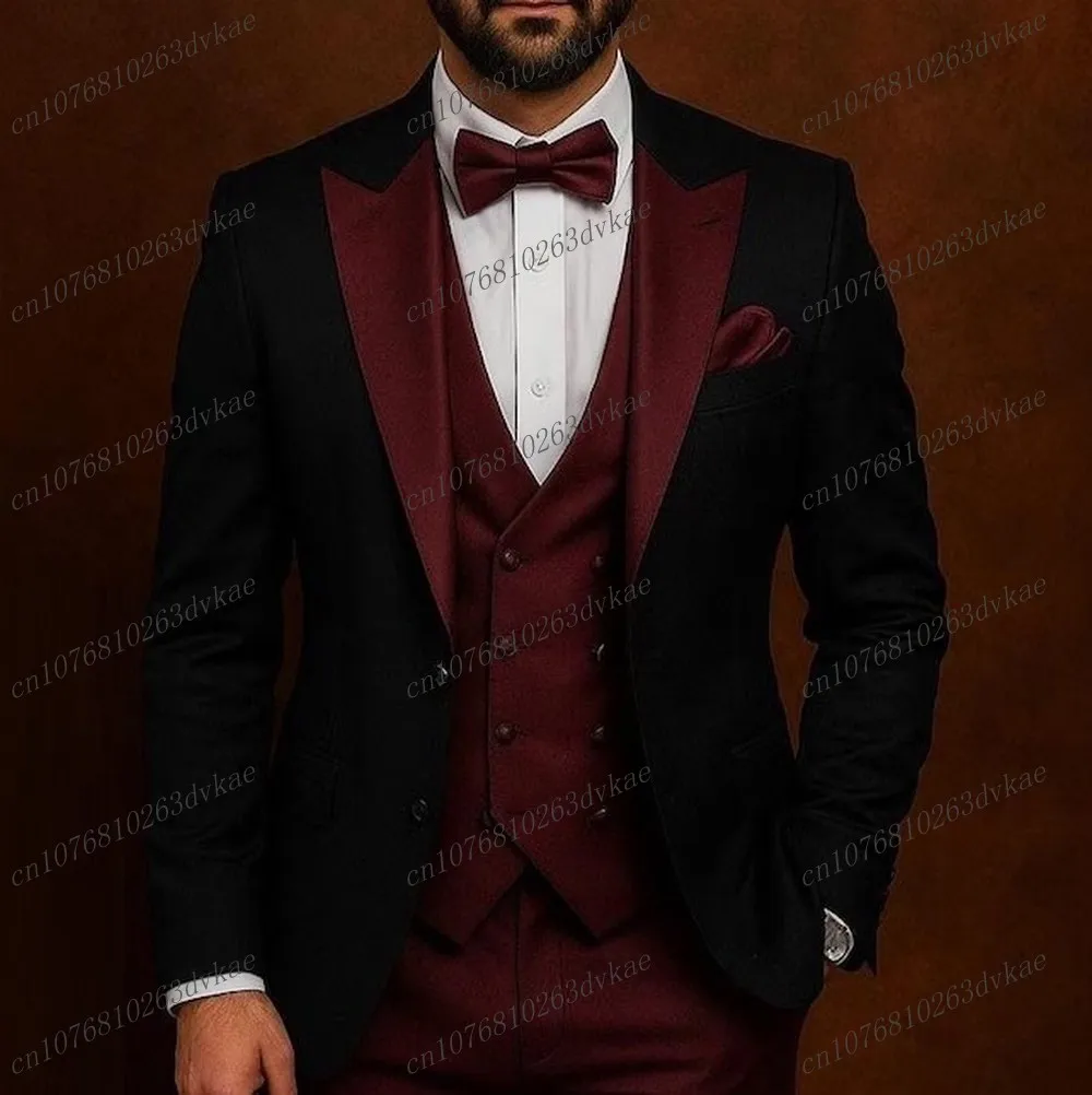 جديد الأسود والعنابي الرجال دعوى حفل زفاف رسمي العريس وصيف حفلة موسيقية الأعمال الذكور البدلات الرسمية 3 قطعة مجموعة سترة سترة السراويل