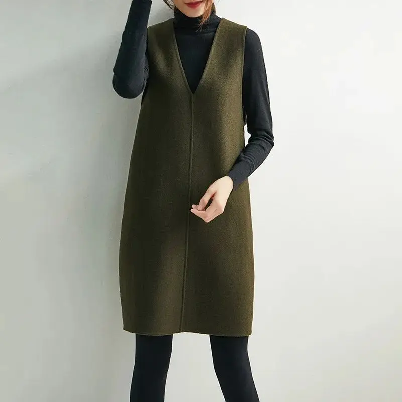 Falda tipo chaleco de lana para mujer, vestidos sin mangas con cuello en V, holgados y ajustados, con temperamento, para otoño e invierno