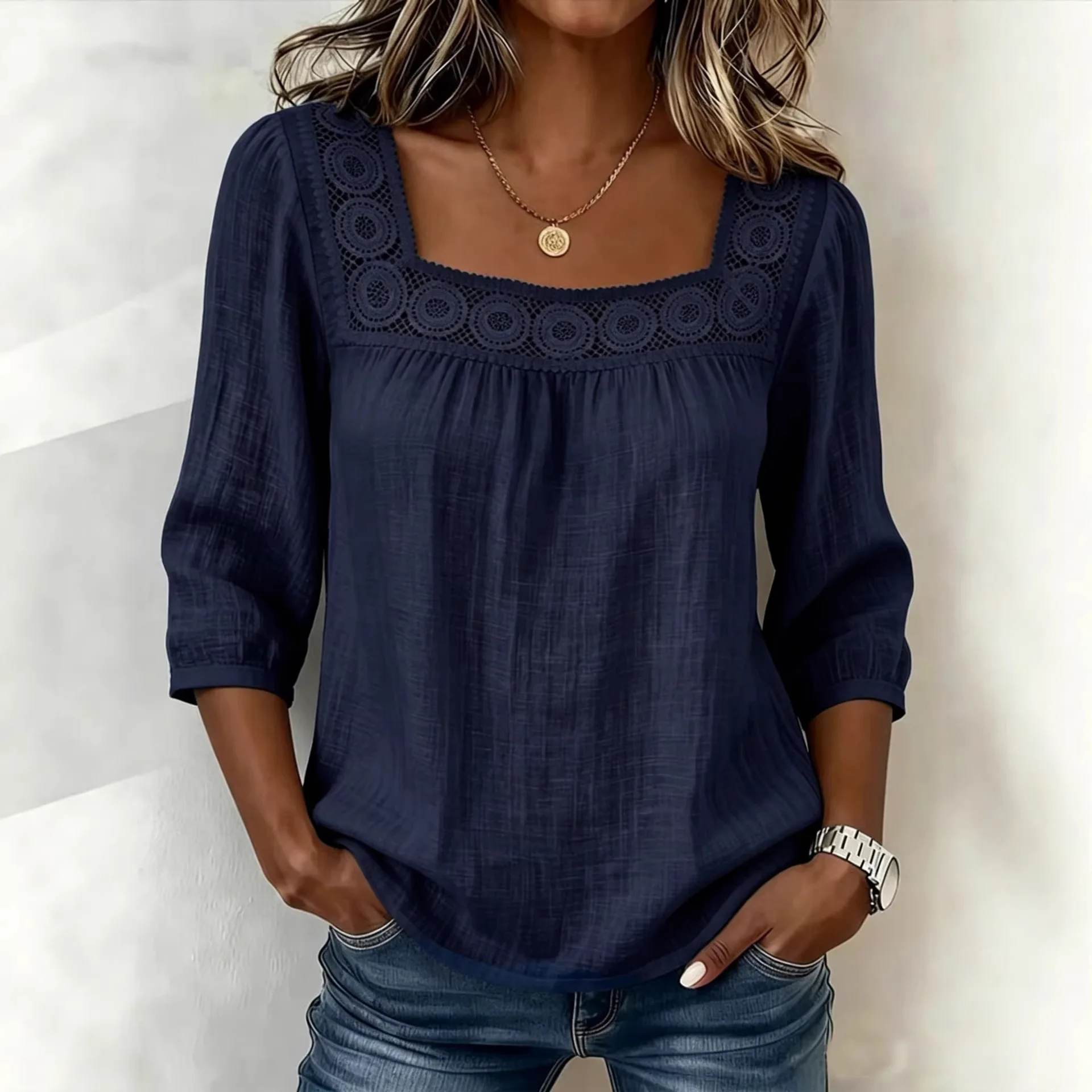 2026 New Summer Solid Color Casual Square Collar Lace Splicing Seven Point Cotton and Hemp Short Sleeve Top for Women