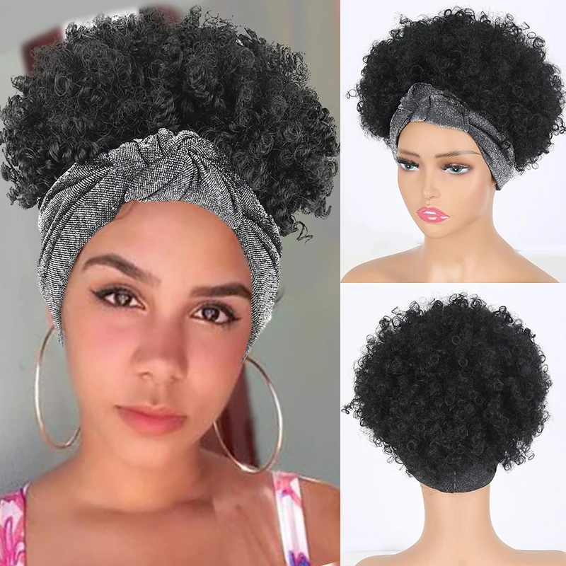 Peluca corta Afro rizada con diadema para mujer, turbante sintético con flequillo abullonado, banda elástica con cordón, bufanda