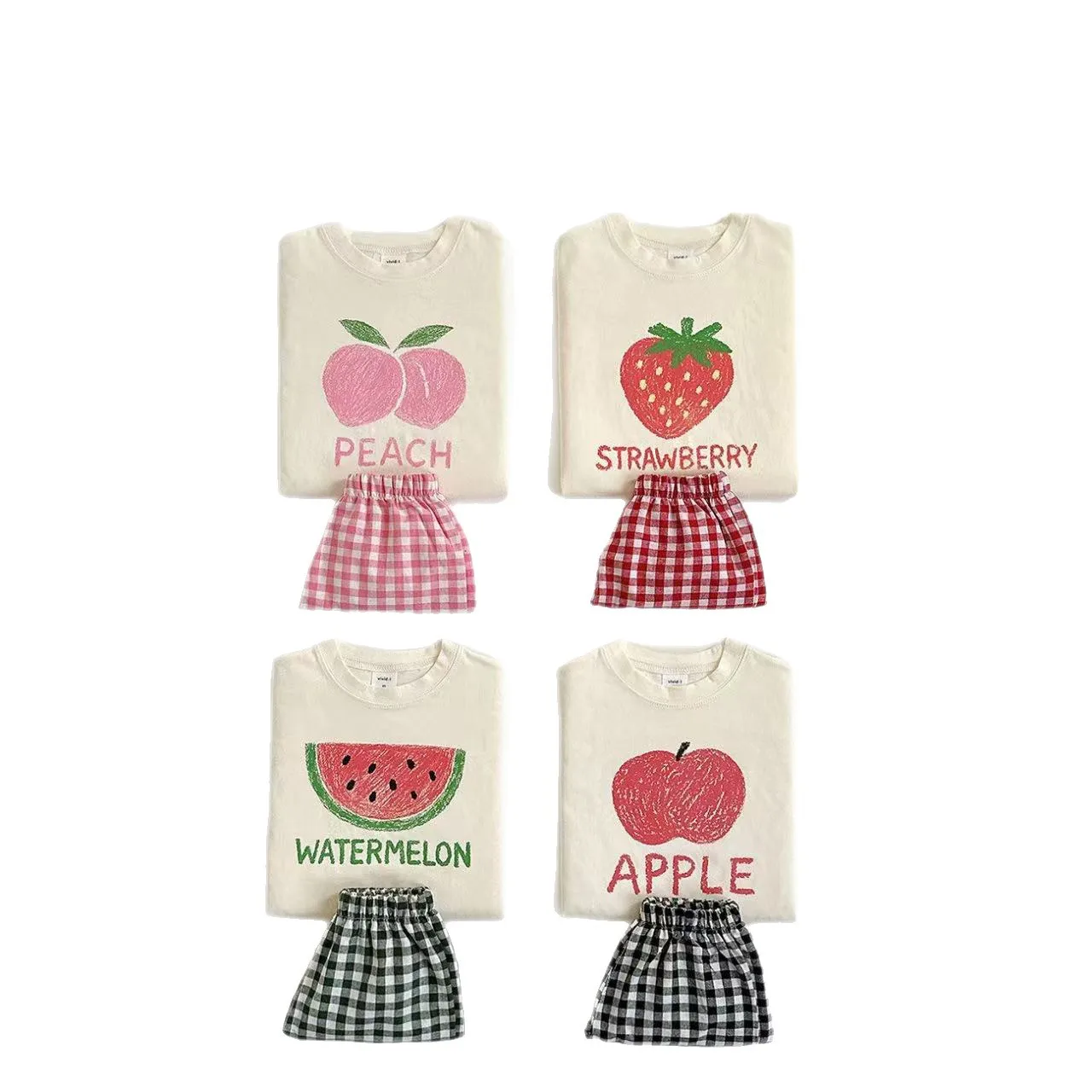 2025 Summer New Children Sleeveless Clothes Set Boys Girls Fruit Print T Shirts + Plaid Shorts 2pcs Suit Kids Casual Cotton Set