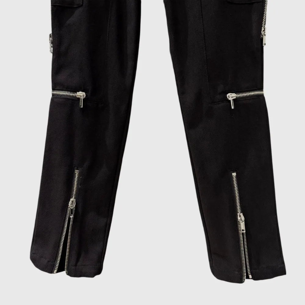 High Street Cotton Rick Ro Black Pants Men's New Retro Casual Pants with Straight Leg and Multiple Zippers Pant Design