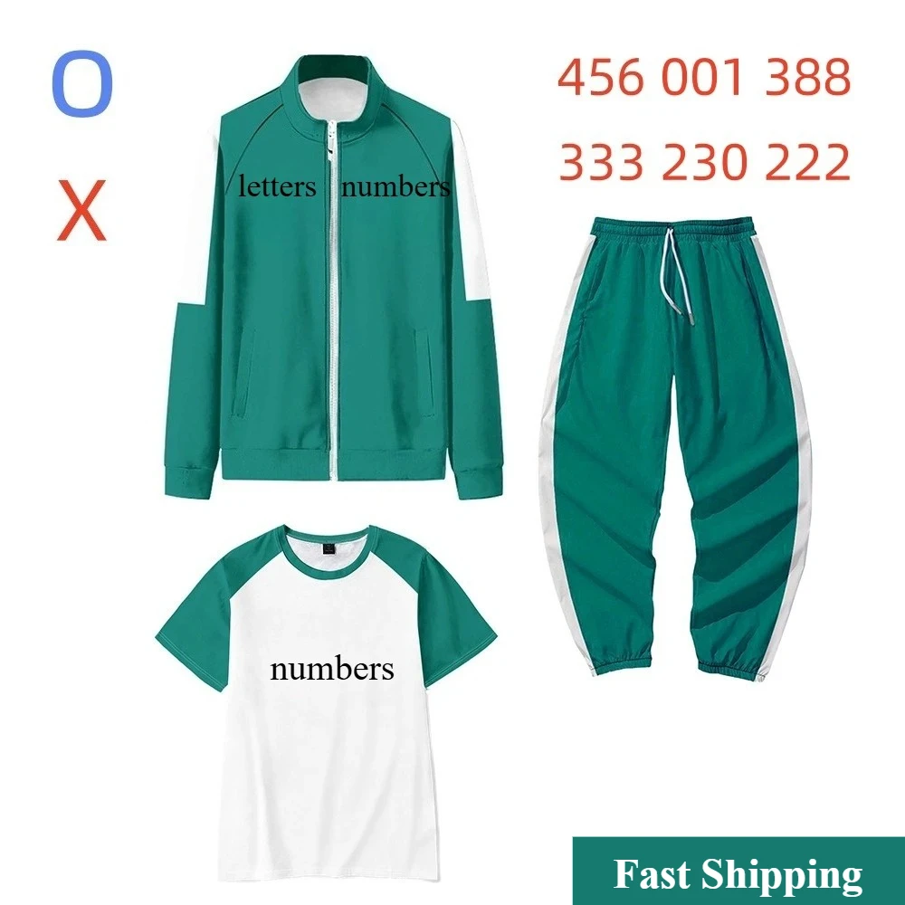 

New Calamari Game Cosplay Costume Green Tracksuit Outfits Jacket T-shirt Pants 001 456 230 Teenagers Sweatshirt Adult Kids Suit