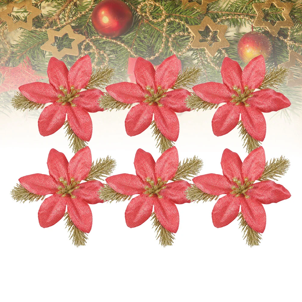 6 Pcs Glitter Poinsettia Flowers Artificial for Decor Ornament Hollow Out