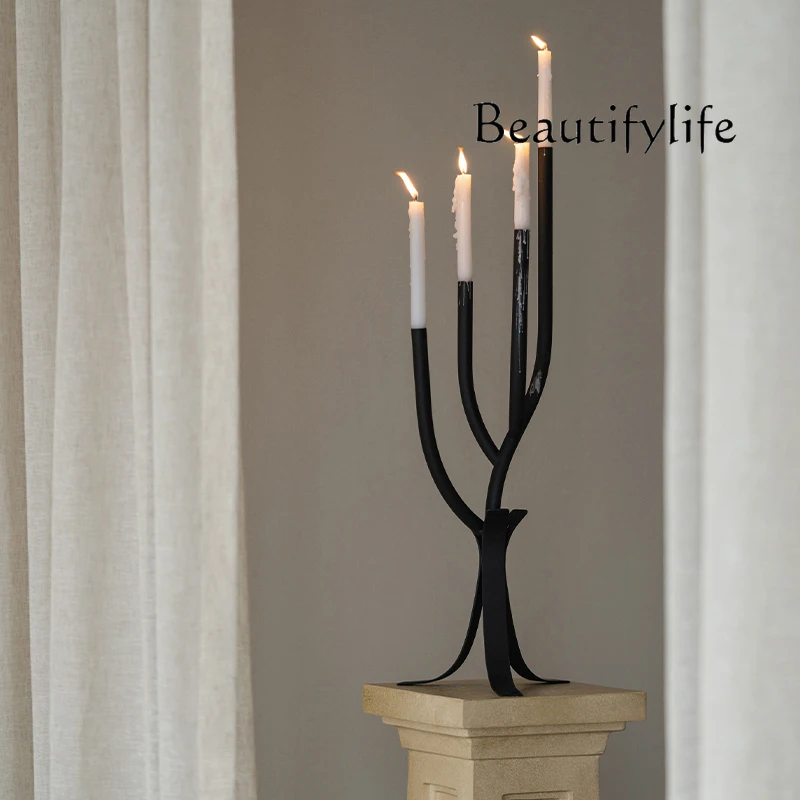 Home wrought iron wabi-**** wind retro black candlestick ornament entrance premium decoration branch candle base
