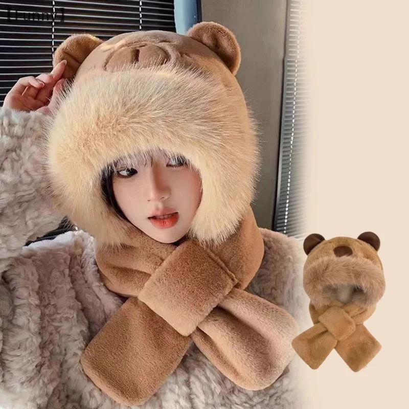 العصرية لطيف الكرتون كابيبارا قبعة وشاح الشتاء الدافئة وشاح قبعة للنساء الفتيات Kawaii الأذن حماية لينة فروي وشاح قبعة الهدايا #4