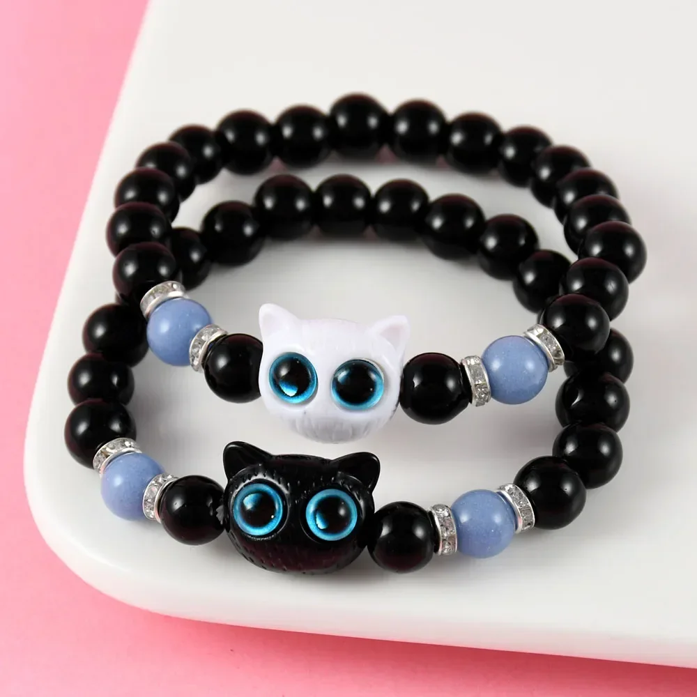 2Pcs/set Cute Big Eye Cat Luminous Bracelets For Girls Cartoon Animal Beaded Hand Chain Friendship Couple Bracelet Jewelry Gift