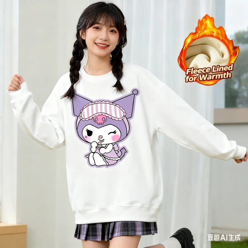 

2025 Sanrio Series Printed Crew Neck Long-Sleeve Top, Cute and Warm Fleece-Lined Crew Neck Long-Sleeve T-Shirt, 100% Cotton
