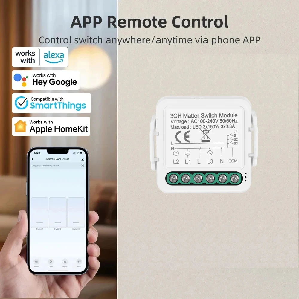 Matter Homekit WiFi interruptor de luz inteligente Control bidireccional 1 2 3 gang Mini interruptor inteligente compatible con Siri SmartThings Alexa Google Home