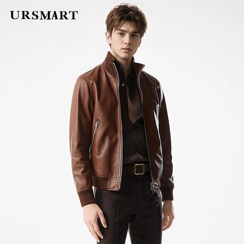 

Men's High-Quality Brown Calf Leather Jacket - Classic British Fashion Custom Stand-Up Collar Sheepskin Coat