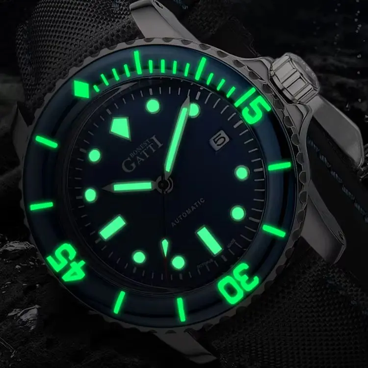 BONEST GATTI Men Automatic Watch 44mm Mechanical Wristwatch Diver 200M Waterproof Sapphire Mirror & Bezel Luminous Military NE20