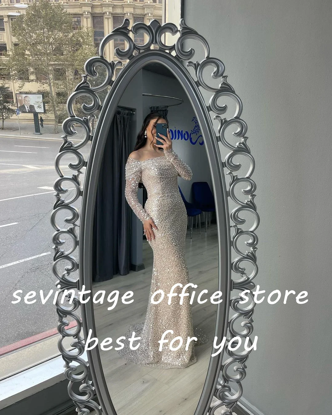 Sevintage-Vestidos de Fiesta de sirena con cuentas de champán brillantes, perlas de lentejuelas, hombros descubiertos, vestidos de noche árabes saudíes, vestido Formal