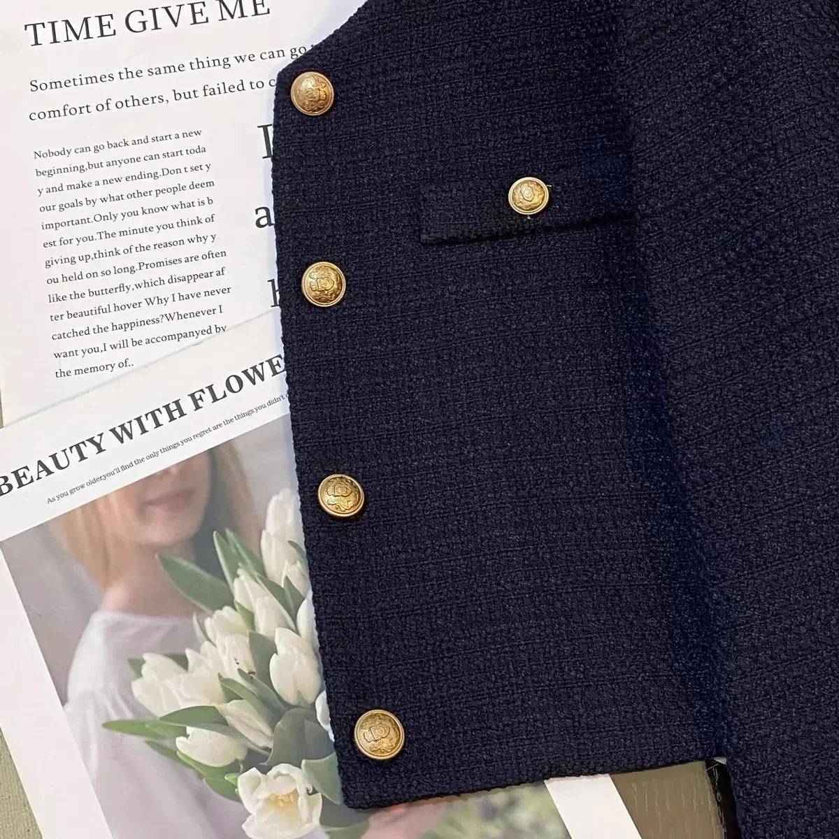 Navy Nlue Small Fragrant style Suit Jacket For women Spring autumn 2026 New Round neck French Fashion Splicing Design Short Top