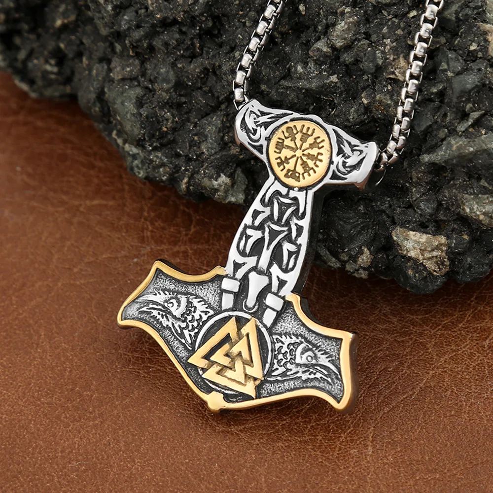 Unique Viking Mjolnir Raven and Norse Rune Pendant Stainless Steel Thor's Hammer Necklace Men's Road Sign Compass Amulet Jewelry