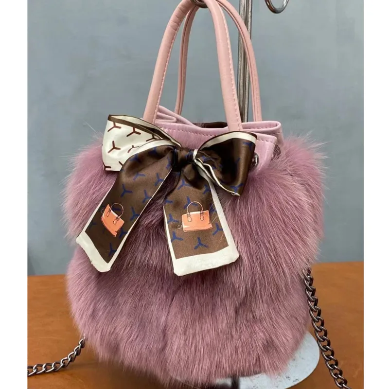 Women\'s Winter Fox Fur Bucket Bag Silk Scarf Strap Drawstring Bag Female Large Capacity Shopping Bag Fashion Shoulder Bags