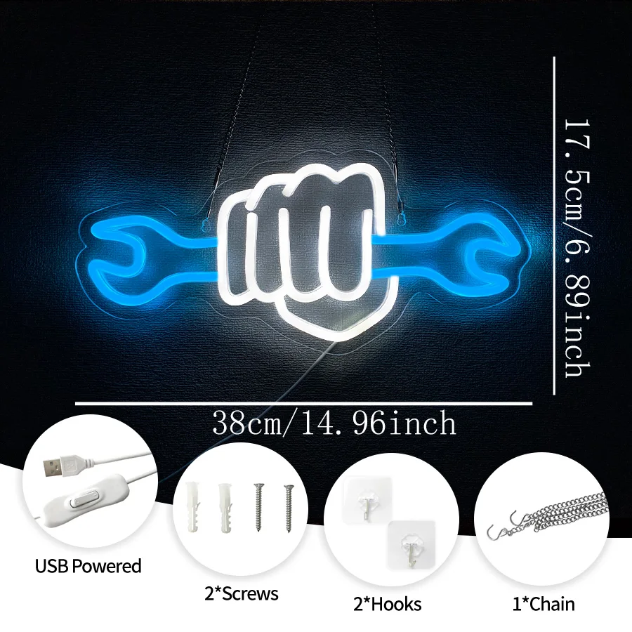 Wrench Neon Sign For Wall Decor,Light Up Sign For Auto Repair Store Decor,Garage,Workshop,Man Cave,Gift For Dad,Man,USB Powered