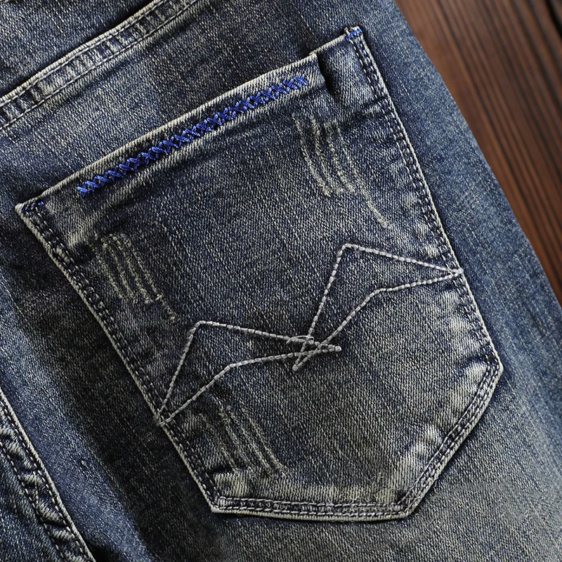 Italian Style Fashion Men Jeans Retro Blue Elastic Slim Ripped Jeans Men Straight Trousers Vintage Designer Denim Pants Hombre