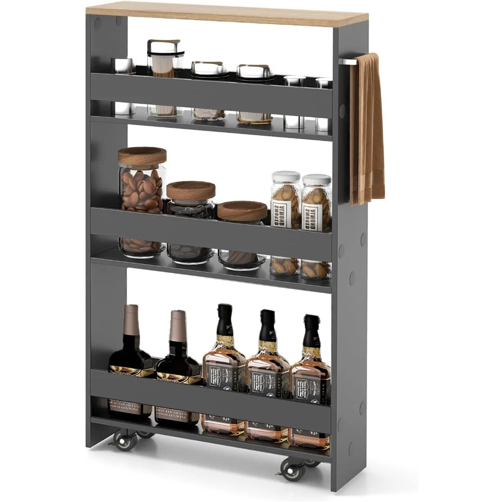 

4-Tier Slim Rolling Storage Cart, Wooden Kitchen Utility Cart with Wheels & Handle, Space Saving Trolley, Slide Out Shelving