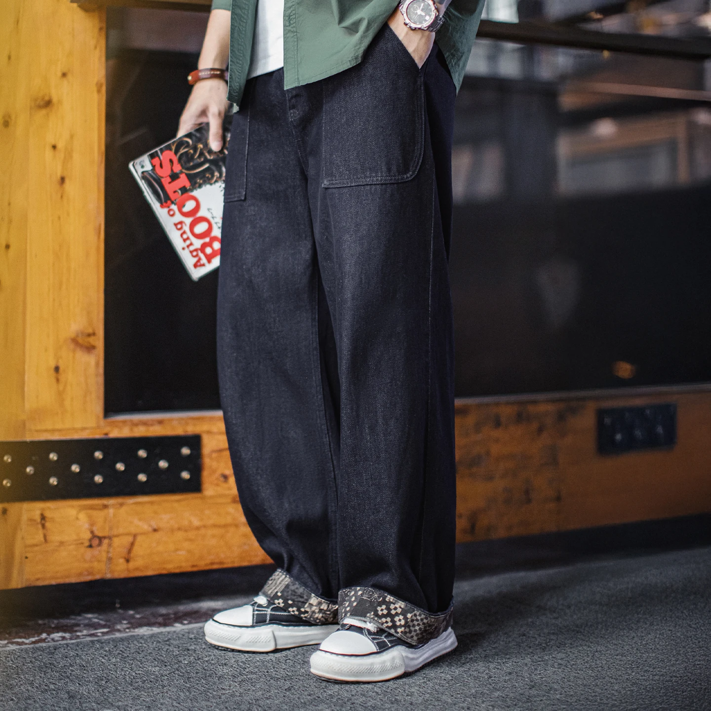 

Мужские винтажные джинсы Maden из денима с эффектом боро, широкие брюки с лоскутным узором, синие, свободного кроя, повседневные, для весны и осени